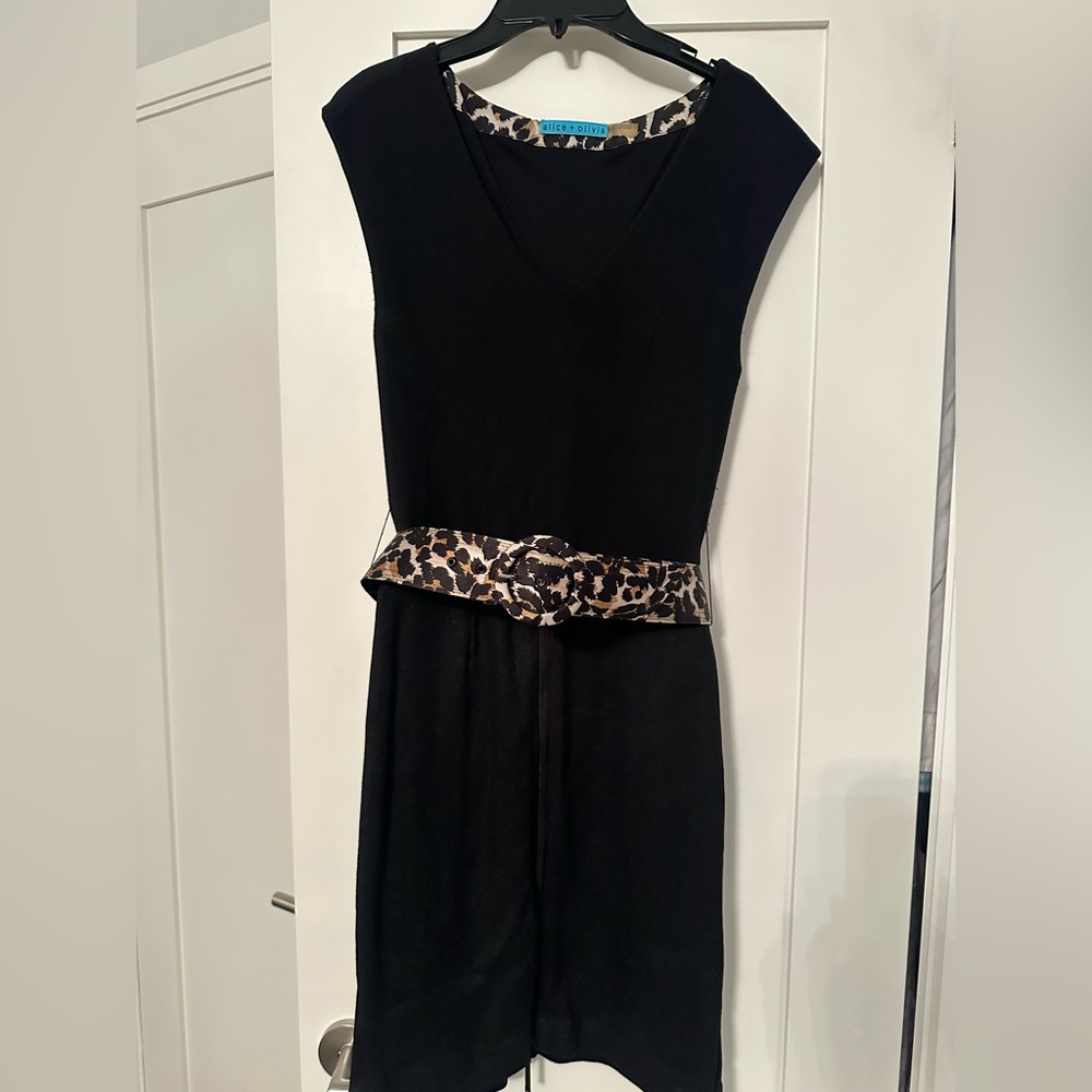 Alice + Olivia Elegant Black Dress with Leopard Print Belt